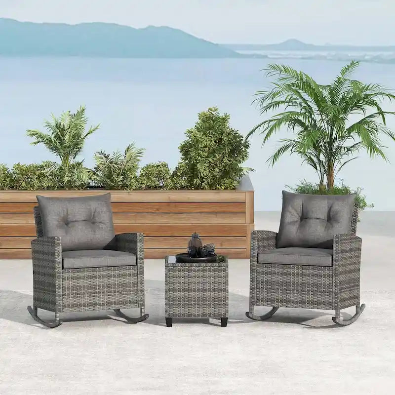 Costway 3 PCS Patio Wicker Rocking Set with Tempered Glass Table & - See Details