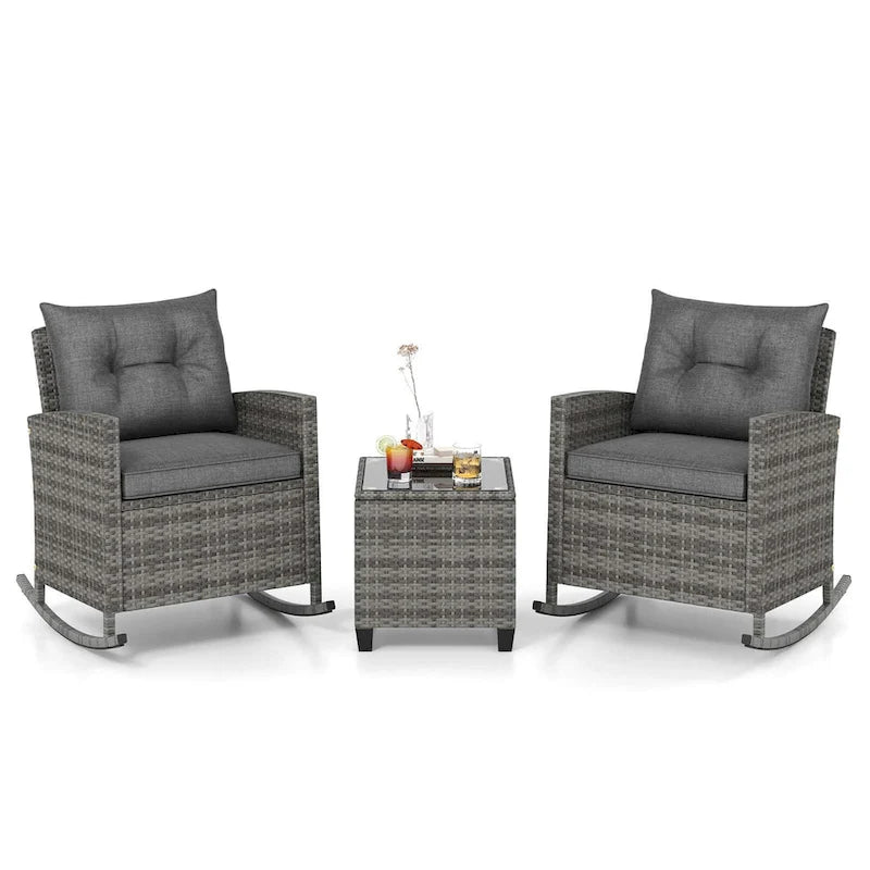 Costway 3 PCS Patio Wicker Rocking Set with Tempered Glass Table & - See Details