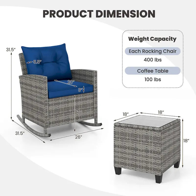 Costway 3 PCS Patio Wicker Rocking Set with Tempered Glass Table & - See Details