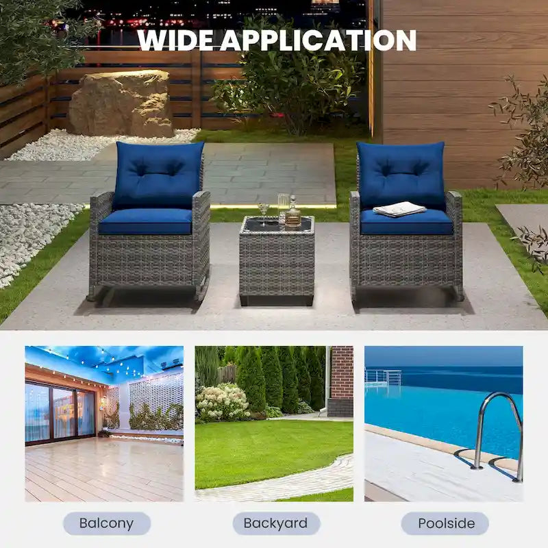 Costway 3 PCS Patio Wicker Rocking Set with Tempered Glass Table & - See Details