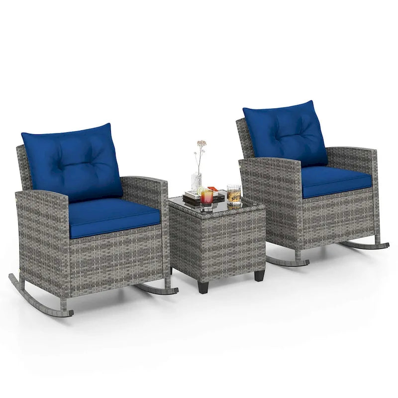 Costway 3 PCS Patio Wicker Rocking Set with Tempered Glass Table & - See Details