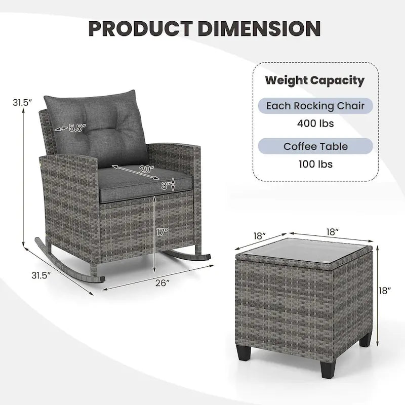 Costway 3 PCS Patio Wicker Rocking Set with Tempered Glass Table & - See Details