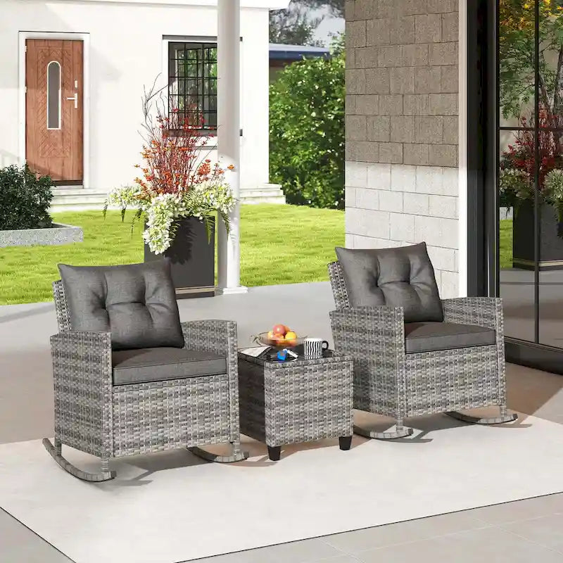 Costway 3 PCS Patio Wicker Rocking Set with Tempered Glass Table & - See Details