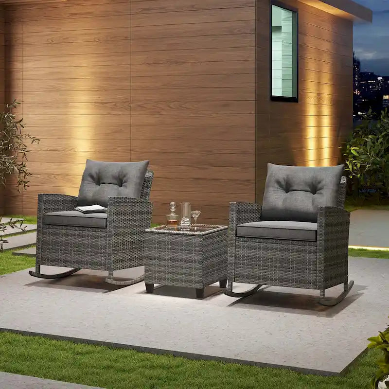 Costway 3 PCS Patio Wicker Rocking Set with Tempered Glass Table & - See Details