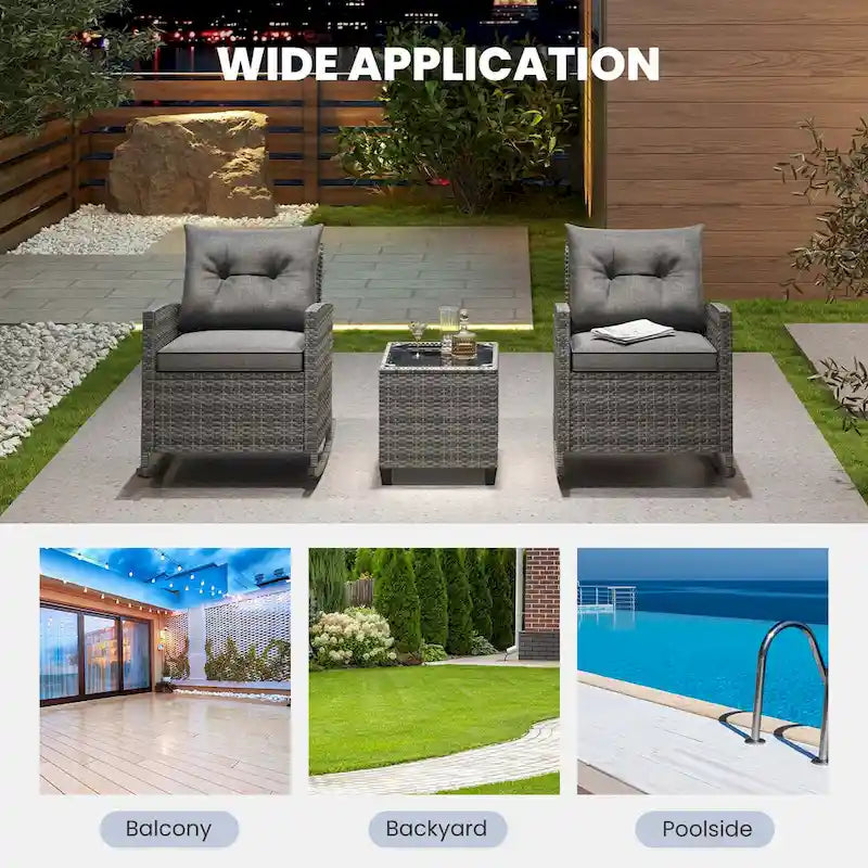 Costway 3 PCS Patio Wicker Rocking Set with Tempered Glass Table & - See Details