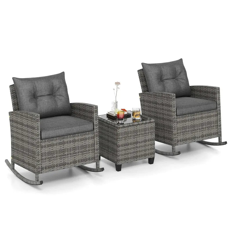 Costway 3 PCS Patio Wicker Rocking Set with Tempered Glass Table & - See Details