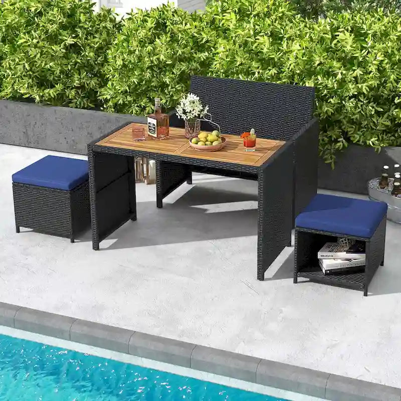 Costway 4 PCS Outdoor Dining Set, Rattan Loveseat Chair & 2 Ottomans - See Details