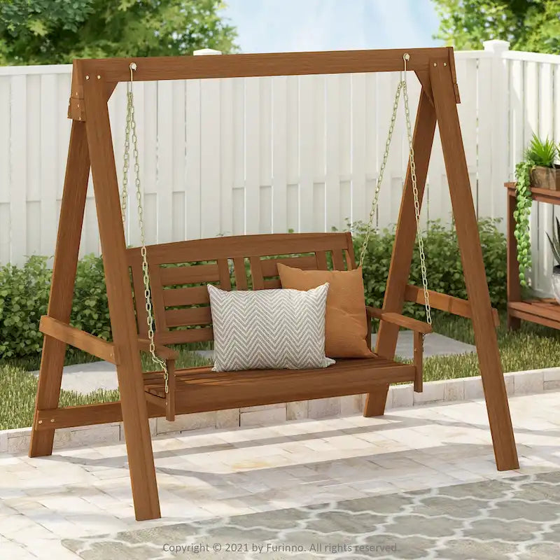 Furinno Tioman Hardwood Hanging Porch Swing with Stand in Teak Oil, Light Wood