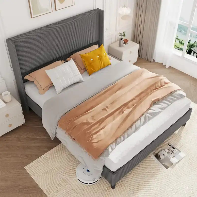 Corduroy Upholstered Bed Frame with Wingback Headboard – Grey / Pink / Off-White, Full / Queen / King, Single
