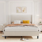 Corduroy Upholstered Bed Frame with Wingback Headboard – Grey / Pink / Off-White, Full / Queen / King, Single