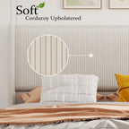 Corduroy Upholstered Bed Frame with Wingback Headboard – Grey / Pink / Off-White, Full / Queen / King, Single