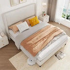 Corduroy Upholstered Bed Frame with Wingback Headboard – Grey / Pink / Off-White, Full / Queen / King, Single