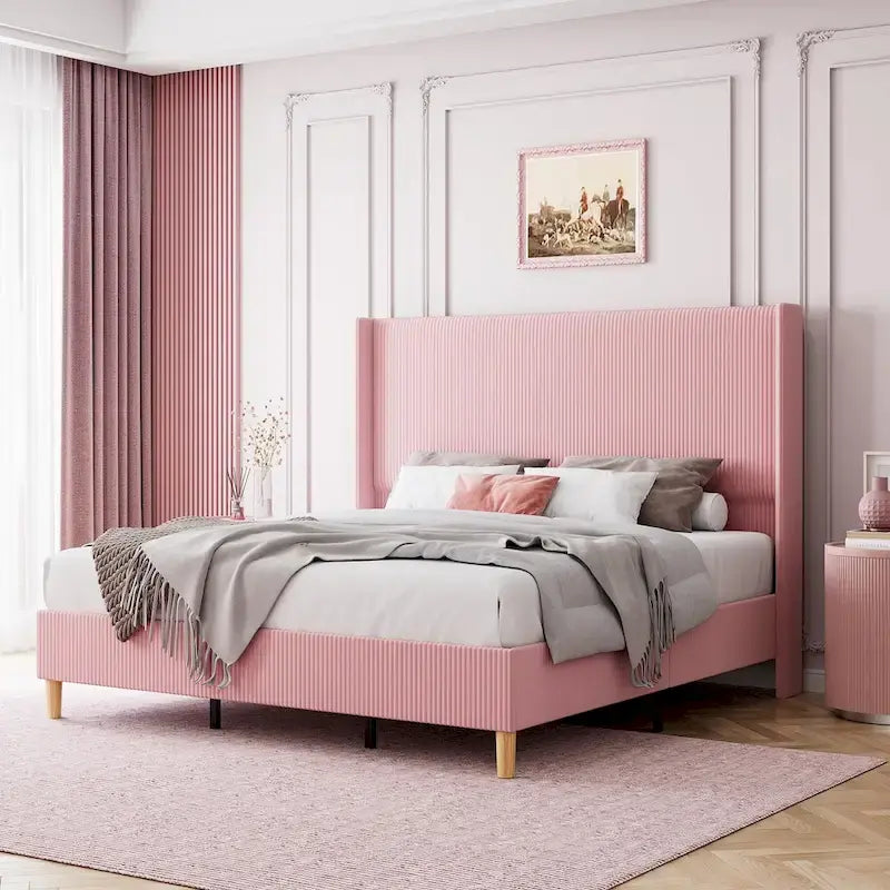 Corduroy Upholstered Bed Frame with Wingback Headboard – Grey / Pink / Off-White, Full / Queen / King, Single