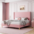 Corduroy Upholstered Bed Frame with Wingback Headboard – Grey / Pink / Off-White, Full / Queen / King, Single