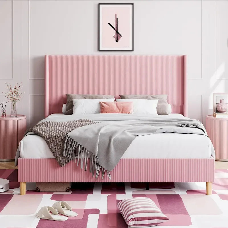 Corduroy Upholstered Bed Frame with Wingback Headboard – Grey / Pink / Off-White, Full / Queen / King, Single