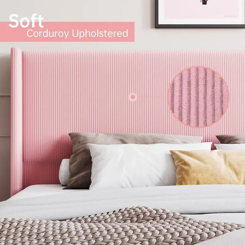 Corduroy Upholstered Bed Frame with Wingback Headboard – Grey / Pink / Off-White, Full / Queen / King, Single