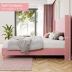 Corduroy Upholstered Bed Frame with Wingback Headboard – Grey / Pink / Off-White, Full / Queen / King, Single