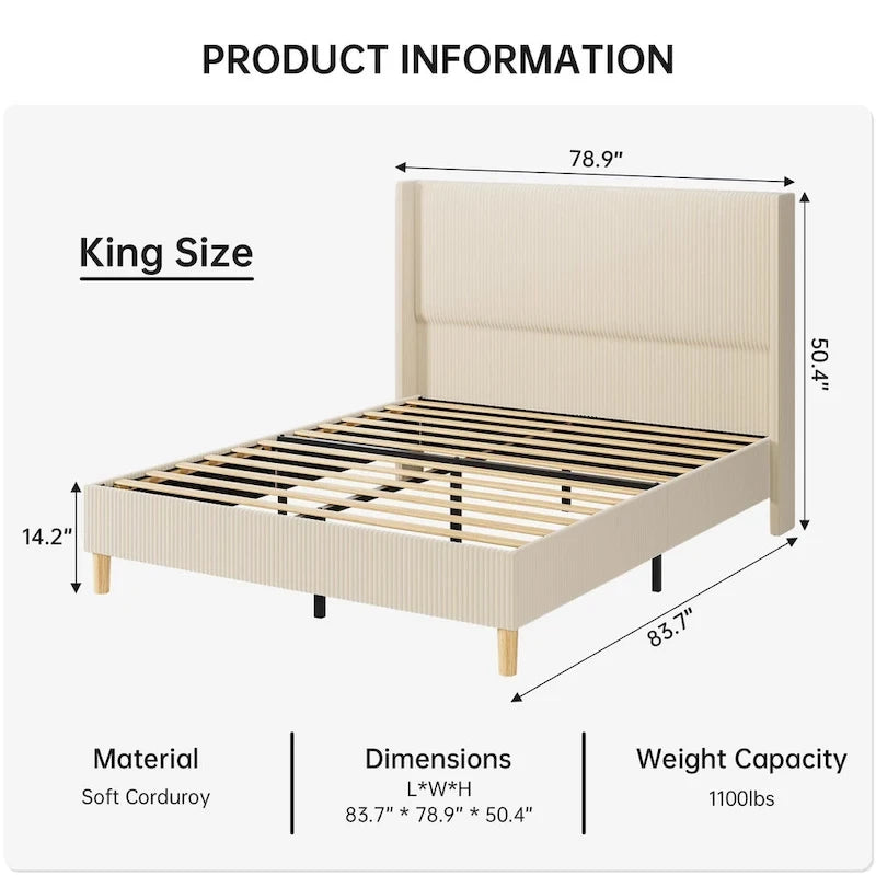 Corduroy Upholstered Bed Frame with Wingback Headboard – Grey / Pink / Off-White, Full / Queen / King, Single
