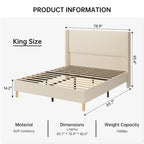 Corduroy Upholstered Bed Frame with Wingback Headboard – Grey / Pink / Off-White, Full / Queen / King, Single