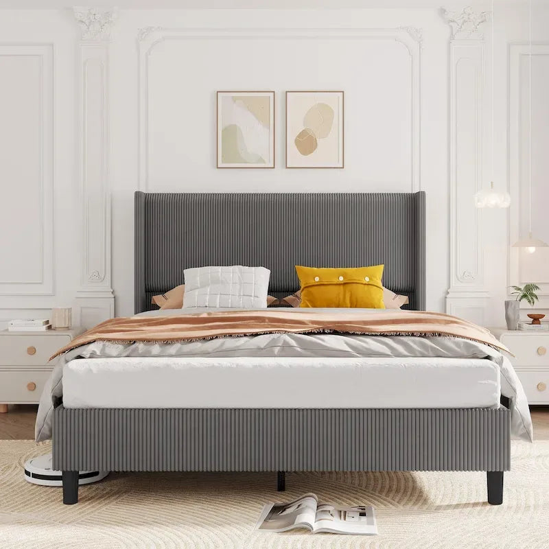 Corduroy Upholstered Bed Frame with Wingback Headboard – Grey / Pink / Off-White, Full / Queen / King, Single
