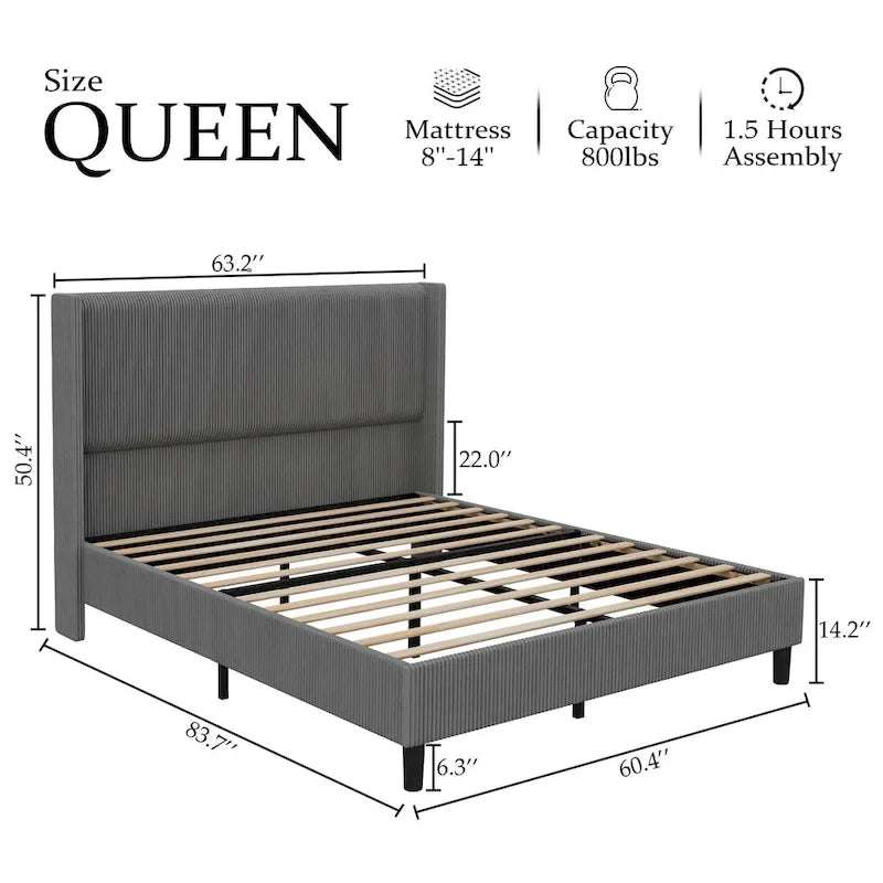 Corduroy Upholstered Bed Frame with Wingback Headboard – Grey / Pink / Off-White, Full / Queen / King, Single