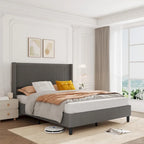 Corduroy Upholstered Bed Frame with Wingback Headboard – Grey / Pink / Off-White, Full / Queen / King, Single