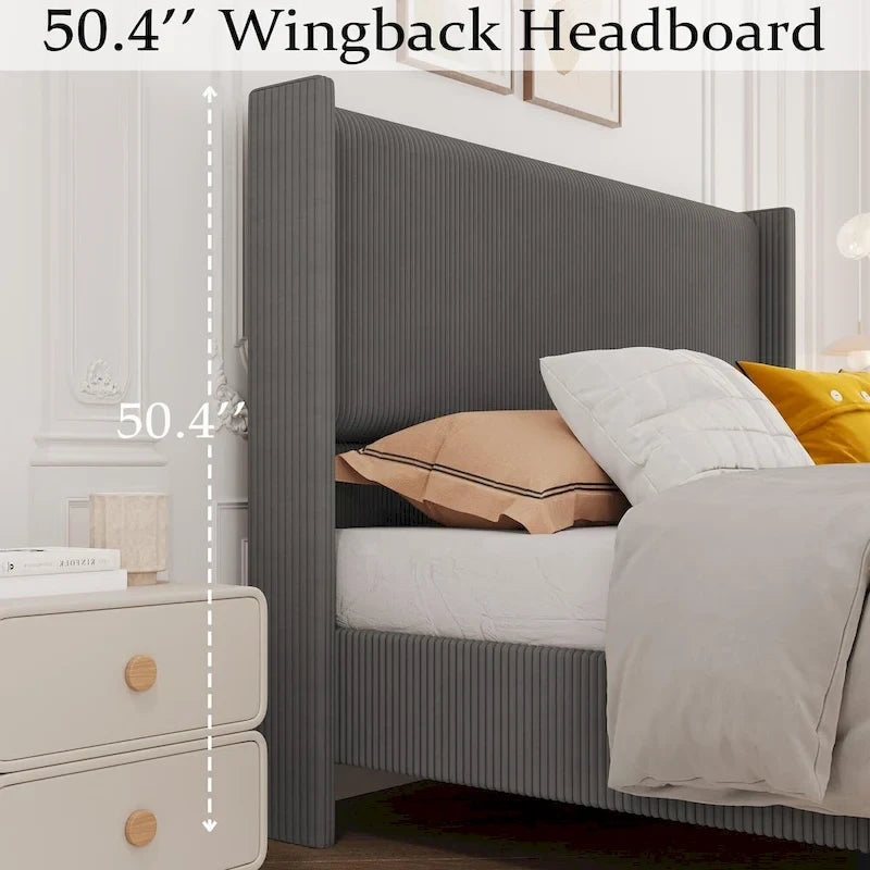 Corduroy Upholstered Bed Frame with Wingback Headboard – Grey / Pink / Off-White, Full / Queen / King, Single