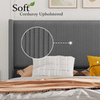 Corduroy Upholstered Bed Frame with Wingback Headboard – Grey / Pink / Off-White, Full / Queen / King, Single