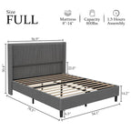Corduroy Upholstered Bed Frame with Wingback Headboard – Grey / Pink / Off-White, Full / Queen / King, Single