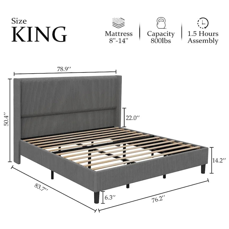 Corduroy Upholstered Bed Frame with Wingback Headboard – Grey / Pink / Off-White, Full / Queen / King, Single