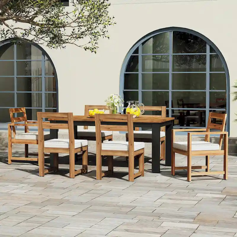 7 Piece Patio Table and Chairs Set, Wood Dining Table Set for 6 with Umbrella Hole, 2 Armchairs & 4 Side Chairs