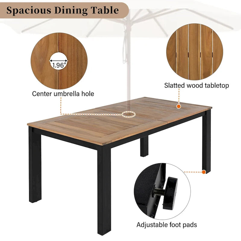7 Piece Patio Table and Chairs Set, Wood Dining Table Set for 6 with Umbrella Hole, 2 Armchairs & 4 Side Chairs