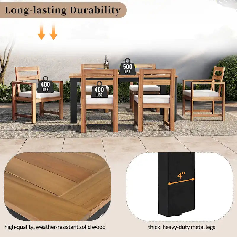 7 Piece Patio Table and Chairs Set, Wood Dining Table Set for 6 with Umbrella Hole, 2 Armchairs & 4 Side Chairs