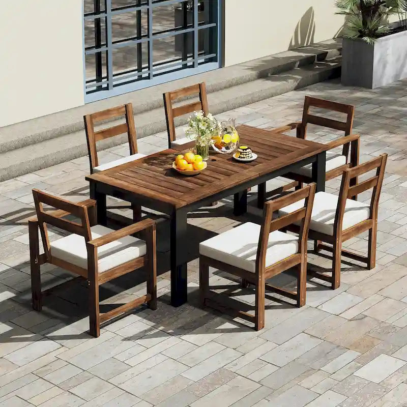 7 Piece Patio Table and Chairs Set, Wood Dining Table Set for 6 with Umbrella Hole, 2 Armchairs & 4 Side Chairs