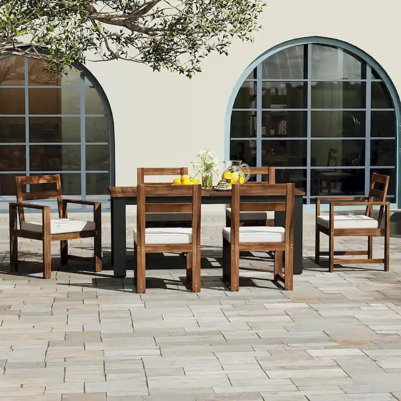 7 Piece Patio Table and Chairs Set, Wood Dining Table Set for 6 with Umbrella Hole, 2 Armchairs & 4 Side Chairs
