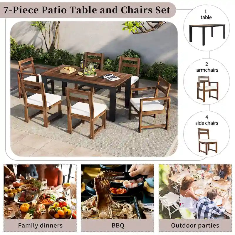 7 Piece Patio Table and Chairs Set, Wood Dining Table Set for 6 with Umbrella Hole, 2 Armchairs & 4 Side Chairs