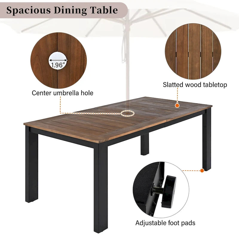 7 Piece Patio Table and Chairs Set, Wood Dining Table Set for 6 with Umbrella Hole, 2 Armchairs & 4 Side Chairs