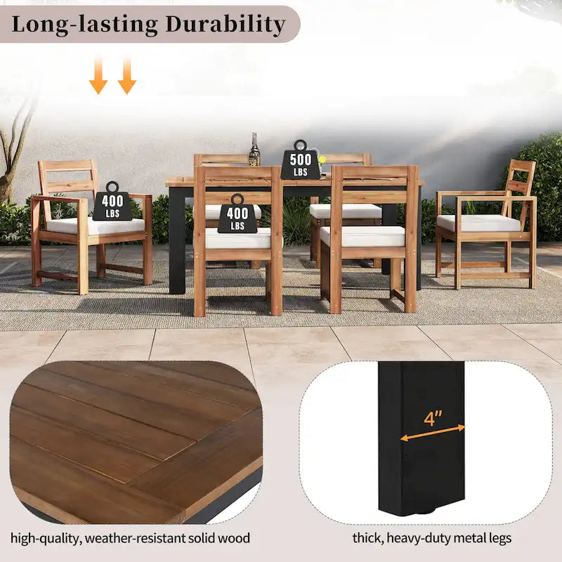 7 Piece Patio Table and Chairs Set, Wood Dining Table Set for 6 with Umbrella Hole, 2 Armchairs & 4 Side Chairs