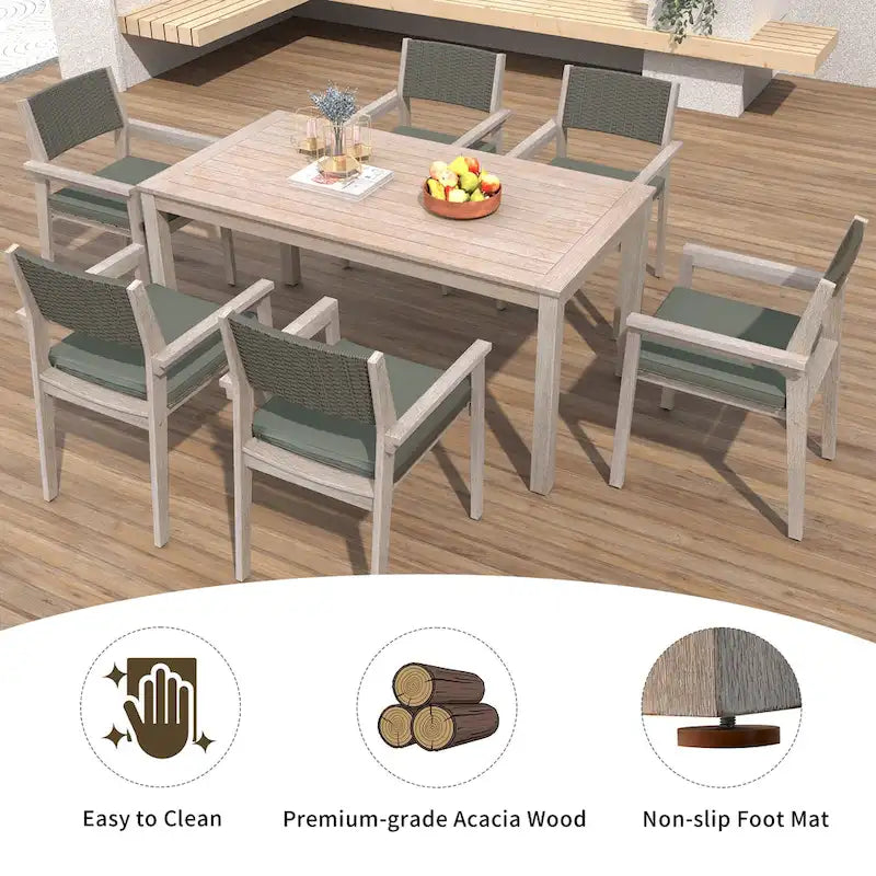 7-Piece Outdoor Patio Acacia Wood Dining Set with Rectangular Table and 6 Rattan Backrest Cushioned Chairs