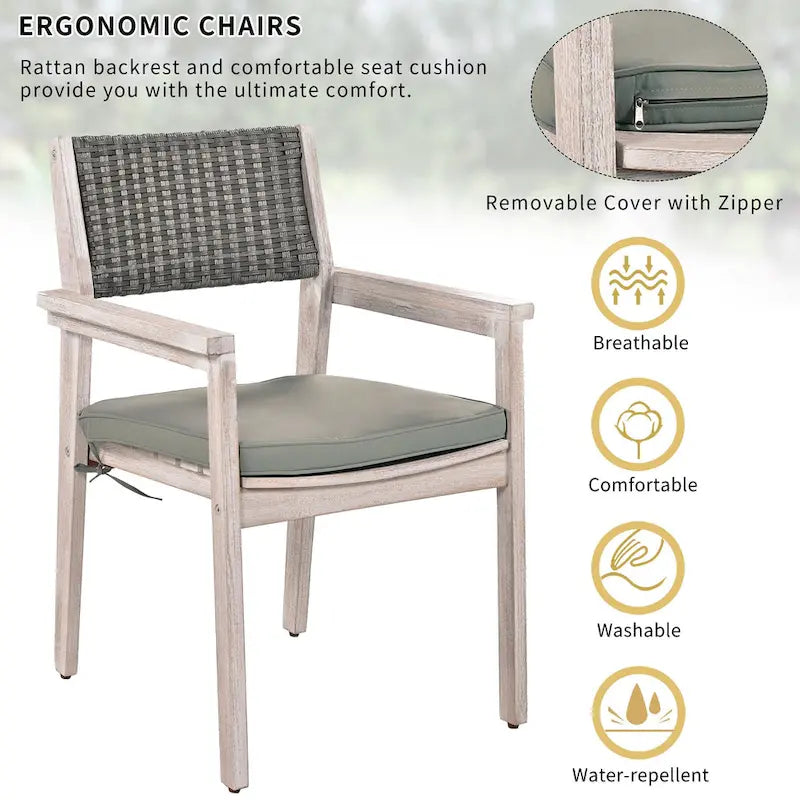 7-Piece Outdoor Patio Acacia Wood Dining Set with Rectangular Table and 6 Rattan Backrest Cushioned Chairs