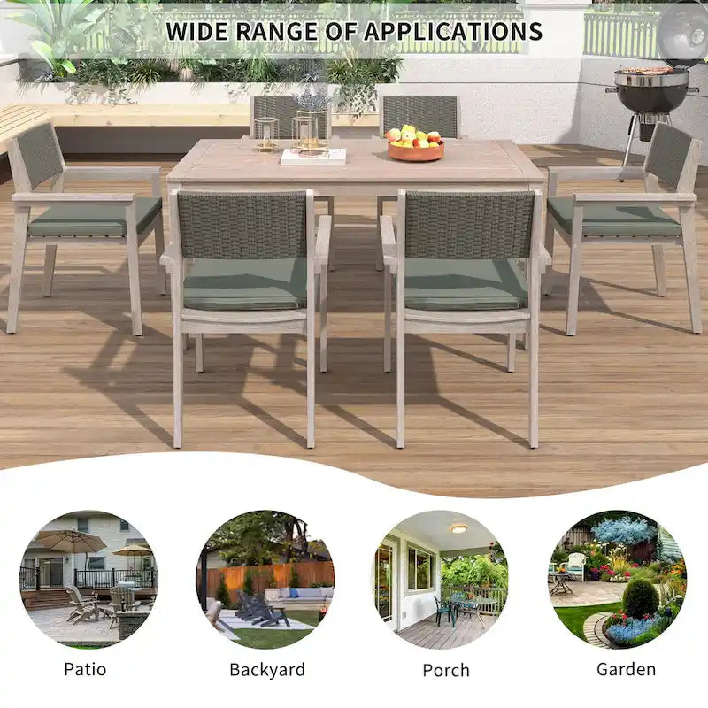 7-Piece Outdoor Patio Acacia Wood Dining Set with Rectangular Table and 6 Rattan Backrest Cushioned Chairs
