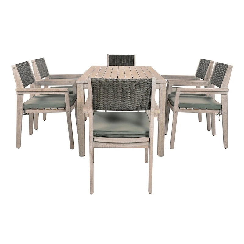 7-Piece Outdoor Patio Acacia Wood Dining Set with Rectangular Table and 6 Rattan Backrest Cushioned Chairs