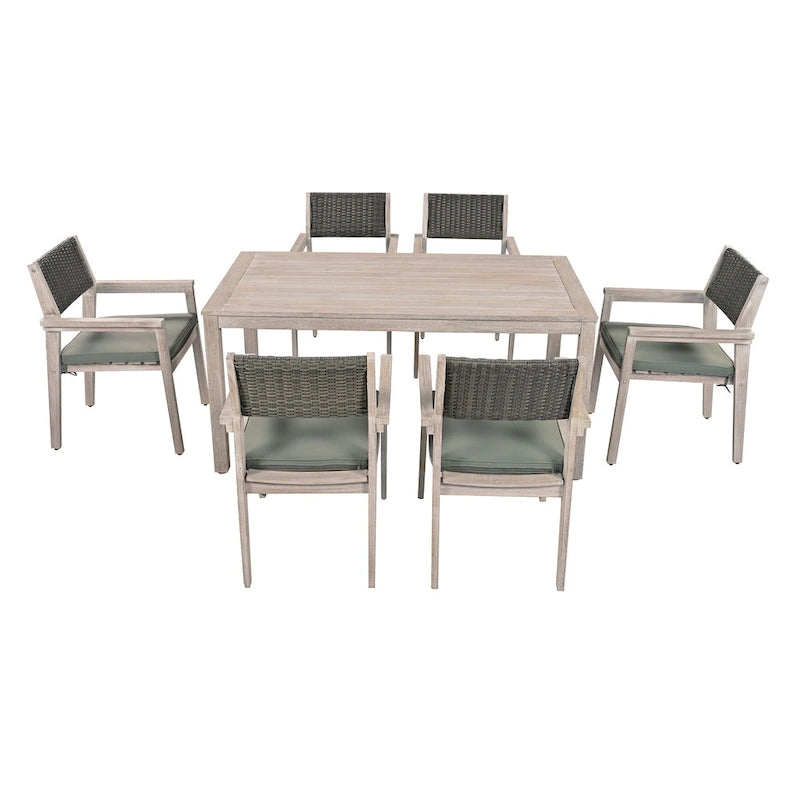 7-Piece Outdoor Patio Acacia Wood Dining Set with Rectangular Table and 6 Rattan Backrest Cushioned Chairs