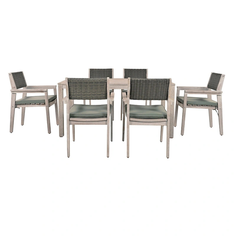 7-Piece Outdoor Patio Acacia Wood Dining Set with Rectangular Table and 6 Rattan Backrest Cushioned Chairs