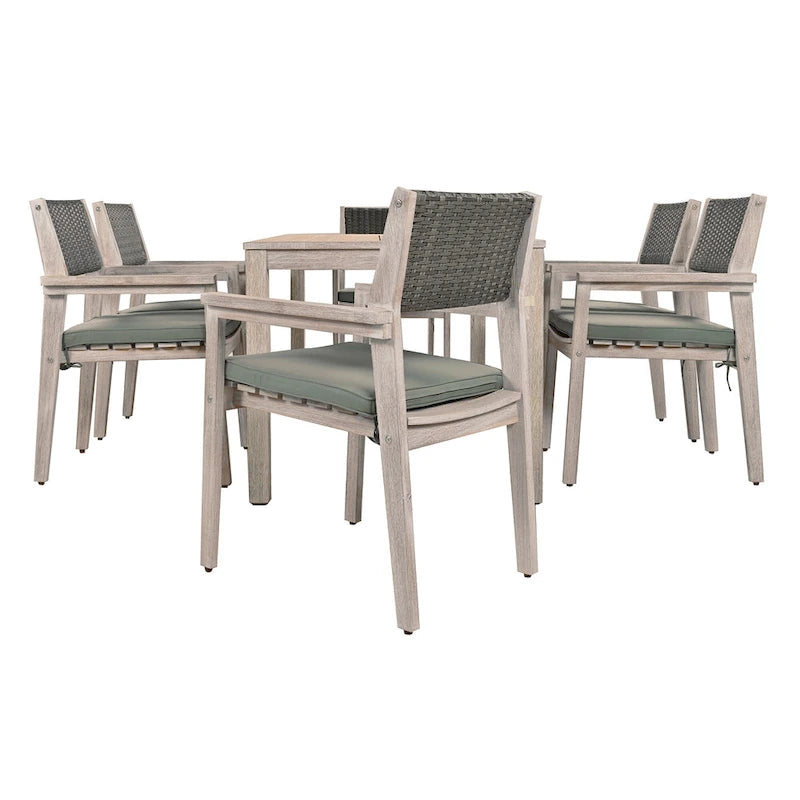 7-Piece Outdoor Patio Acacia Wood Dining Set with Rectangular Table and 6 Rattan Backrest Cushioned Chairs