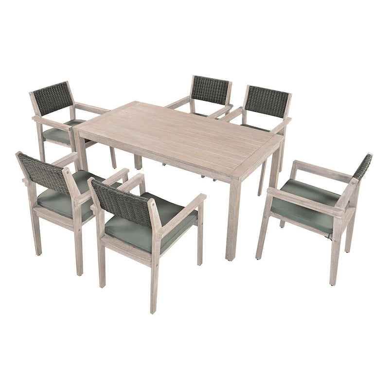 7-Piece Outdoor Patio Acacia Wood Dining Set with Rectangular Table and 6 Rattan Backrest Cushioned Chairs