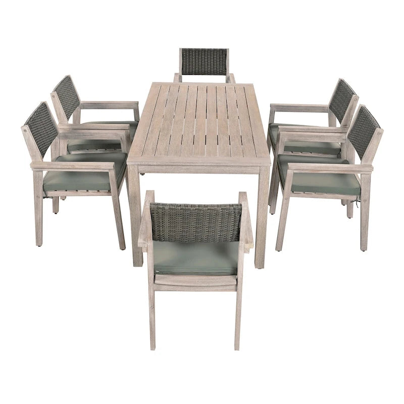 7-Piece Outdoor Patio Acacia Wood Dining Set with Rectangular Table and 6 Rattan Backrest Cushioned Chairs