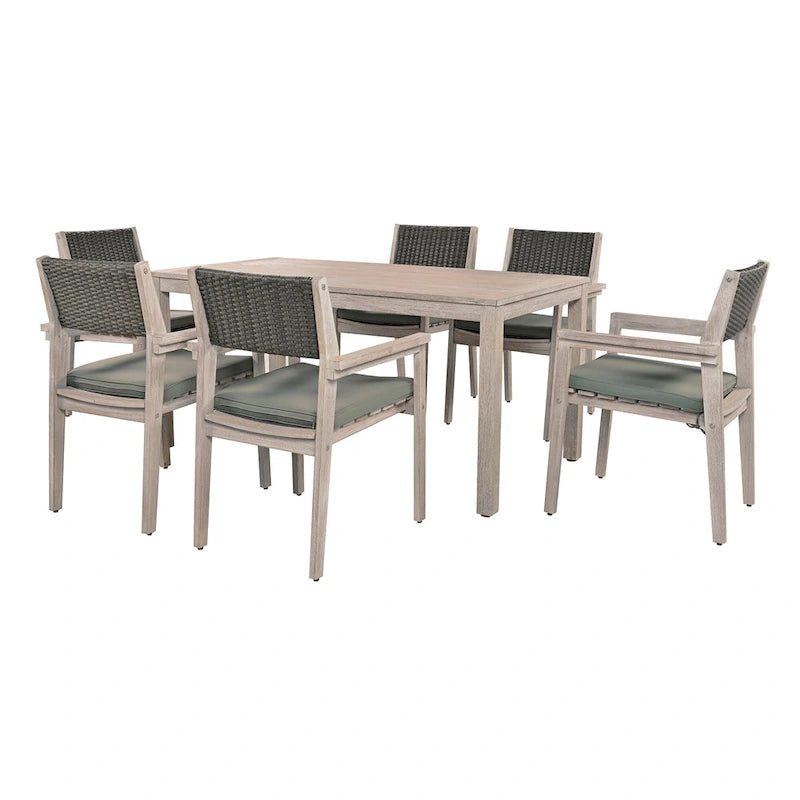 7-Piece Outdoor Patio Acacia Wood Dining Set with Rectangular Table and 6 Rattan Backrest Cushioned Chairs