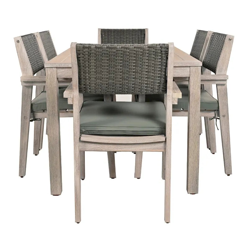 7-Piece Outdoor Patio Acacia Wood Dining Set with Rectangular Table and 6 Rattan Backrest Cushioned Chairs