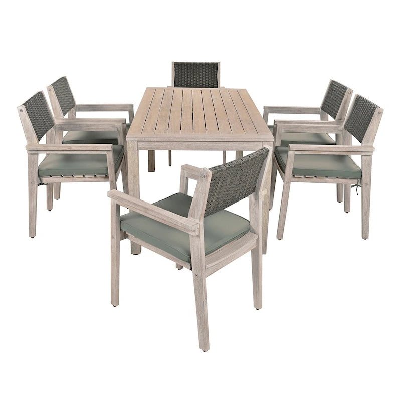7-Piece Outdoor Patio Acacia Wood Dining Set with Rectangular Table and 6 Rattan Backrest Cushioned Chairs
